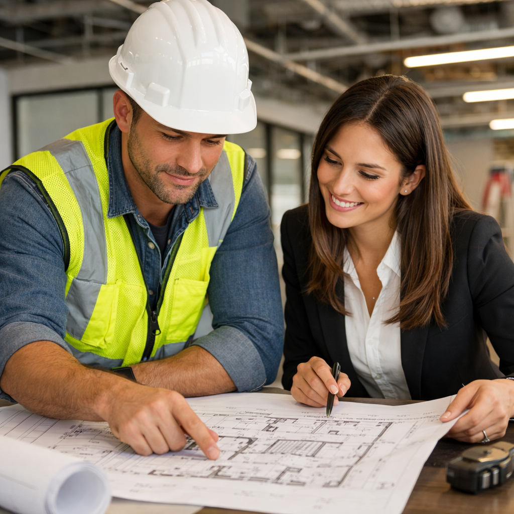 Construction Worker and Office Worker Reviewing Office Plans